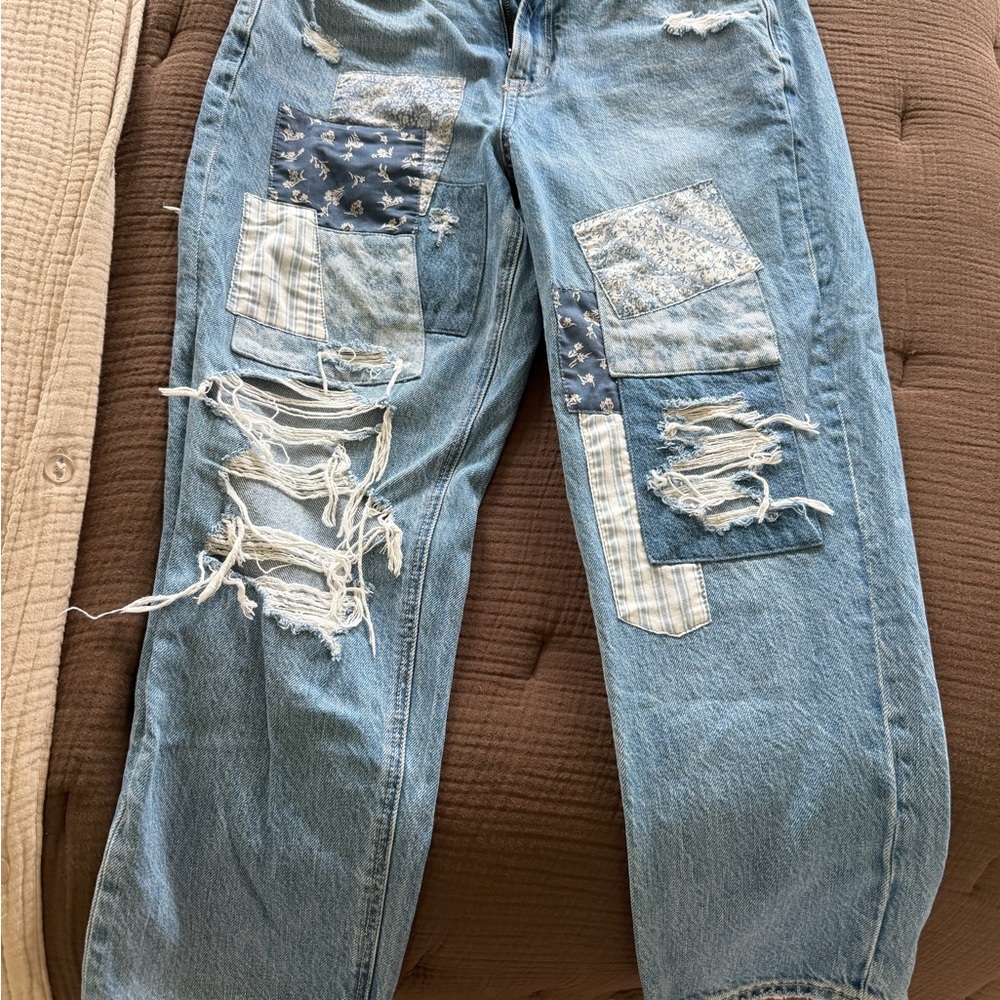 Light Blue Patchwork Distressed Jeans